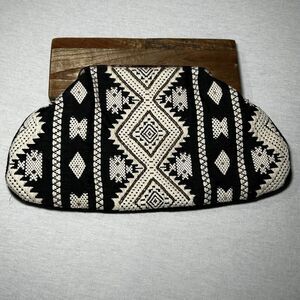 Fabulous MJ black and white embroidered boho-style clutch, Wooden Handle, Boho